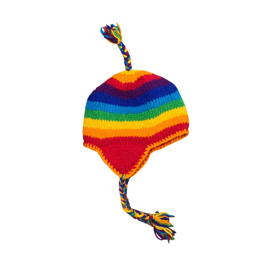 Rainbow Striped Hand Knit Earflap Beanie Fleece Lined Boho Tassel Winter Hat